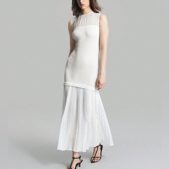 White ruched contrasting drop waist stretchy knit midi maxi dress - Picture 3 of 3